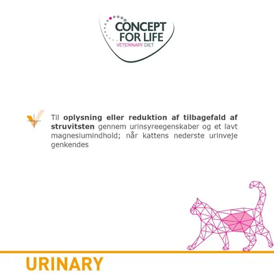 CONCEPT FOR LIFE VETERINARY DIET. Til oplysning eller reduktion af tilbagefald af struvitsten gennem urinsyreegenskaber og lavt magnesiumindhold; når kattens nederste urinveje genkendes. URINARY