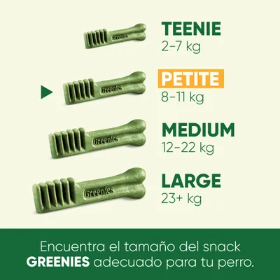 Tabla de tamaños de snack Greenies: Teenie 2–7 kg, Petite 8–11 kg, Medium 12–22 kg, Large 23+ kg. Encuentra el tamaño adecuado para tu perro.