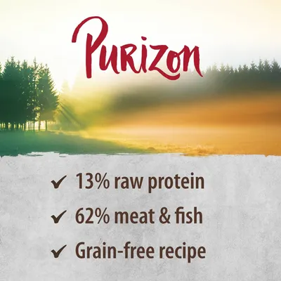 Purizon. 13% raw protein, 62% meat and fish, grain-free recipe.