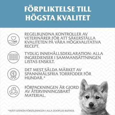FÖRPLIKTELSE TILL HÖGSTA KVALITET. Regelbundna kontroller av veterinärer, tydlig innehållsdeklaration, mest sålda spannmålsfria torrfoder för hundar, återvinningsbar förpackning.