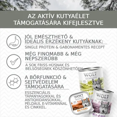 Wolf of Wilderness kutyaeledel. Jól emészthető, ideális érzékeny kutyáknak, single protein, gabonamentes, friss hús, bőr- és sejtvédelem E-vitaminnal, cinkkel.