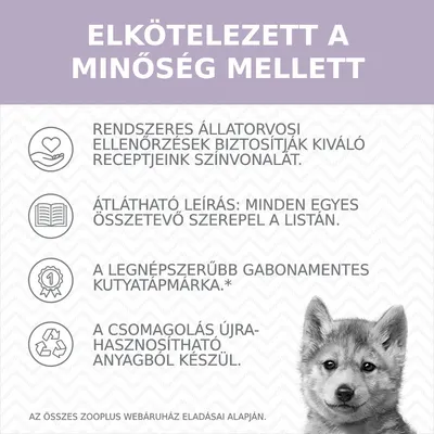 ELKÖTELEZETT A MINŐSÉG MELLETT. Rendszeres állatorvosi ellenőrzések, átlátható leírás, legnépszerűbb gabonamentes kutyatáp, újrahasznosítható csomagolás.