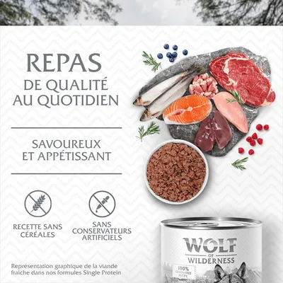 Wolf of Wilderness, repas de qualité au quotidien, savoureux et appétissant, recette sans céréales, sans conservateurs artificiels. Viande, poisson, fruits visibles. Texte en français.