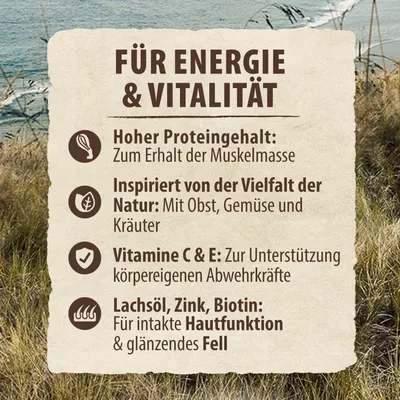 Texte en allemand : Für Energie & Vitalität. Hoher Proteingehalt, Inspiriert von der Vielfalt der Natur, Vitamine C & E, Lachsöl, Zink, Biotin. Informations nutritionnelles visibles.