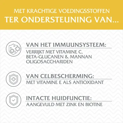 Met krachtige voedingsstoffen ter ondersteuning van het immuunsysteem, celbescherming en huidfunctie. Vitamine C, E, beta-glucanen, mannan-oligosacchariden, zink, biotine.