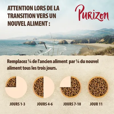 Purizon – conseils de transition alimentaire : remplacer ¼ de l’ancien aliment par ¼ du nouvel aliment tous les trois jours, schéma pour jours 1–3, 4–6, 7–10 et 11.