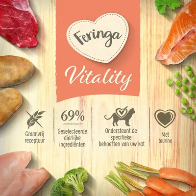 Feringa Vitality. Graanvrij receptuur, 69% geselecteerde dierlijke ingrediënten, ondersteunt de specifieke behoeften van uw kat, met taurine. Afbeeldingen van vlees, vis en groenten zichtbaar.