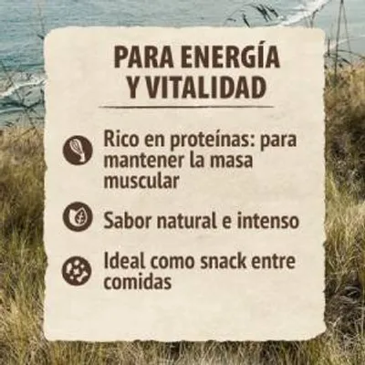 Texto: Para energía y vitalidad. Rico en proteínas: para mantener la masa muscular. Sabor natural e intenso. Ideal como snack entre comidas.