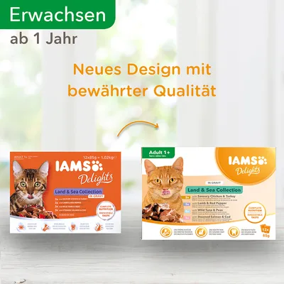 IAMS Delights Land & Sea Collection kissanruoka, uusi ja vanha pakkaus. Teksti: Erwachsen ab 1 Jahr, Neues Design mit bewährter Qualität. Pakkauksissa Adult 1+, 12x85g, In Gravy.