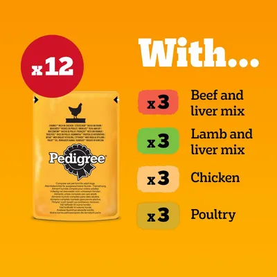 Pack of 12 with 3 beef and liver mix, 3 lamb and liver mix, 3 chicken, and 3 poultry pouches. Pedigree branding visible on one pouch.