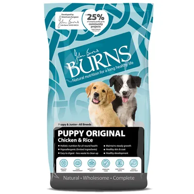 Burns Puppy Original Chicken & Rice, hypoallergen hundmat för valpar och unghundar av alla raser. Utvecklad av veterinär John Burns. 25 % av vinsten går till samhällsprojekt.