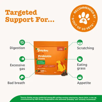 Zesty Paws Probiotic Chews, recomendado por 9 de cada 10 veterinarios. Favorece la digestión, el apetito, el consumo de hierba, el rascado, el mal aliento y los gases. 120 unidades. Zesty Paws Probiotic Chews, recomendado por 9 de cada 10 veterinarios. Favorece la digestión, el apetito, el consumo de hierba, el rascado, el mal aliento y los gases. 120 unidades.