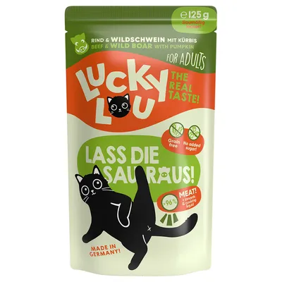 Lucky Lou kattmat, nöt & vildsvin med pumpa, för vuxna, tillverkad i Tyskland, spannmålsfri, utan tillsatt socker, 125g, över 96% köttandel inklusive inälvor och kokvätska.