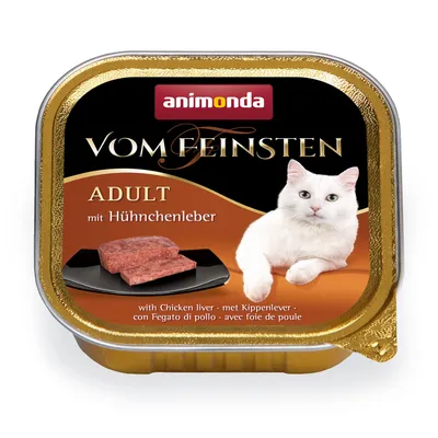 Animonda Vom Feinsten ADULT mit Hühnerleber -kissan märkäruoka, kuvassa valkoinen kissa ja annospala. Teksti: with Chicken liver, met Kippenlever, con Fegato di pollo, avec foie de poule.
