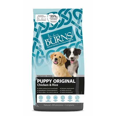Sac Burns Puppy Original Chicken & Rice, deux chiots sur l’emballage. Texte visible : 25 % des bénéfices reversés à des œuvres caritatives. Natural nutrition for a long healthy life.
