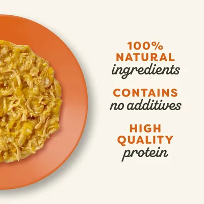 100% NATURAL ingredients, CONTAINS no additives, HIGH QUALITY protein – tekst w języku angielskim widoczny obok porcji karmy na pomarańczowym talerzu.