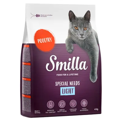 Smilla Special Needs Light kattefoder, POULTRY, 4 kg. Tekst: Food for a lifetime, reduced fat content, omega fatty acids, contains taurine, yucca schidigera. Made in Germany.