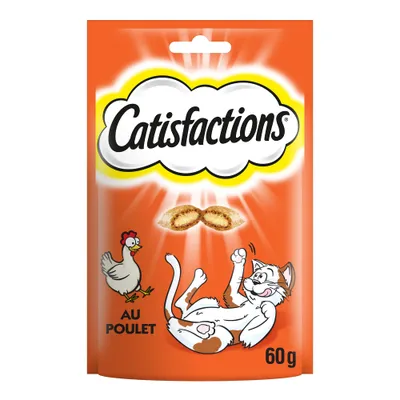 Sachet Catisfactions 60 g, friandises pour chats, saveur au poulet. Illustration d’un chat et d’une poule, texte visible : « au poulet » et « 60 g ».