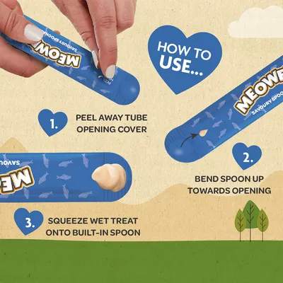 Használati útmutató angolul: 1. Peel away tube opening cover, 2. Bend spoon up towards opening, 3. Squeeze wet treat onto built-in spoon. Meowee Savoury Spoon felirat látható.