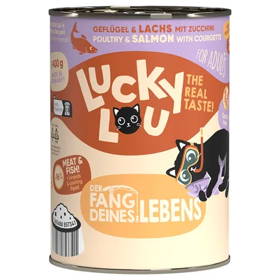 Lucky Lou fågel & lax med zucchini, 400g burk. För vuxna katter, 96% kött och fisk, tillverkad i Tyskland, spannmålsfri.