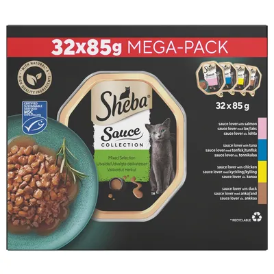 Sheba Sauce Collection mega-pack, 32 x 85g trays. Mixed selection with salmon, tuna, chicken and duck. Certified sustainable seafood MSC. With natural, high quality ingredients.