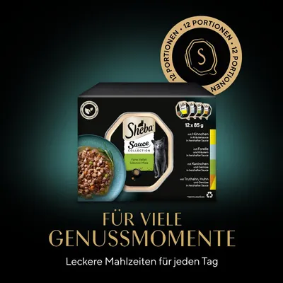 Boîte Sheba Sauce Collection Sélection Mixte, 12 portions de 85 g. Texte en allemand : Für viele Genussmomente. Leckere Mahlzeiten für jeden Tag. Saveurs visibles : poulet, truite, lapin, dinde.