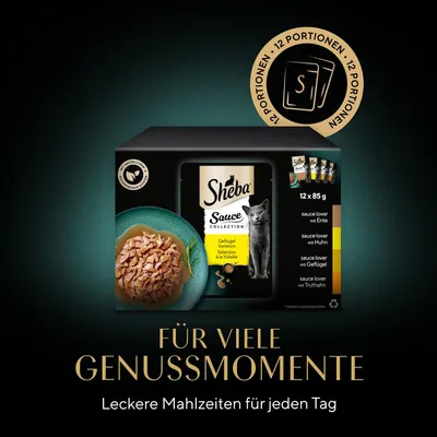 Sheba Sauce Collection Sélection à la Volaille, 12 x 85 g. Variétés visibles : canard, poulet, volaille, dinde. Texte en allemand : Für viele Genussmomente. Leckere Mahlzeiten für jeden Tag.