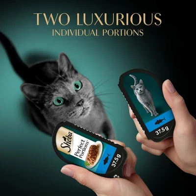 Two individual 37.5g portions of Sheba Perfect Portions shown, with text stating 'Two luxurious individual portions' and an image of a cat in the background.