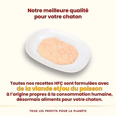 Notre meilleure qualité pour votre chaton. Toutes nos recettes HFC sont formulées avec de la viande et/ou du poisson à l’origine propres à la consommation humaine, désormais aliments pour chaton.