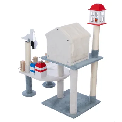 Arbre à chat avec maisonnette, griffoirs en sisal, jouets suspendus, deux petites cabanes colorées et un perchoir en forme de phare rouge et blanc. Structure en tissu et bois visibles.