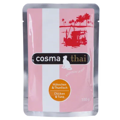 Συσκευασία cosma thai για γάτες, Chicken & Tuna, Hühnchen & Thunfisch, 100 g. Ορατό κείμενο: exotisch leicht.