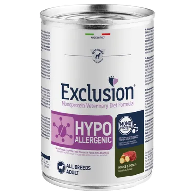 Exclusion Hypoallergenic Monoprotein Veterinary Diet Formula, häst och potatis, för alla vuxna hundraser. Tillverkad i Italien.