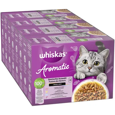 whiskas Aromatična mešana izbira v omaki, 12 porcijskih vrečk, vrste: svinjina & korenje, piščanec, morska riba v juhi, losos & grah, 100 % uravnotežene sestavine whiskas Aromatična mešana izbira v omaki, 12 porcijskih vrečk, vrste: svinjina & korenje, piščanec, morska riba v juhi, losos & grah, 100 % uravnotežene sestavine