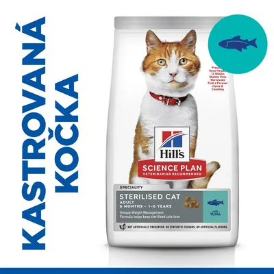 Hill's Science Plan Sterilised Cat Adult 6 months–1,6 years s tuňákem. Text: KASTROVANÁ KOČKA. Obal s obrázkem kočky a symbolem ryby.
