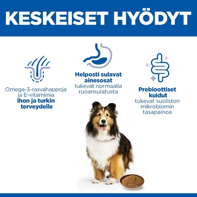Omega-3-rasvahapot ja E-vitamiini ihon ja turkin hyvinvointiin, helposti sulavat ainesosat tukevat ruoansulatusta, prebioottiset kuidut edistävät suoliston mikrobiston tasapainoa. Omega-3-rasvahapot ja E-vitamiini ihon ja turkin hyvinvointiin, helposti sulavat ainesosat tukevat ruoansulatusta, prebioottiset kuidut edistävät suoliston mikrobiston tasapainoa.