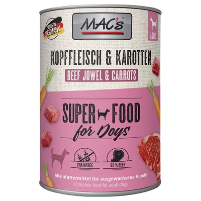 MAC's Kopfﬂeisch & Karotten Beef Jowel & Carrots, Super Food for Dogs, Grainfree, 93% beef, alimento completo per cani adulti. Testo in tedesco e inglese.