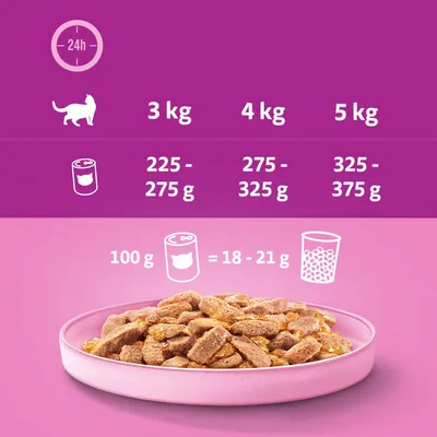 Etetési útmutató macskáknak: 3 kg 225–275 g, 4 kg 275–325 g, 5 kg 325–375 g. 100 g nedves eledel = 18–21 g száraztáp.