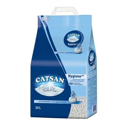 Catsan Hygiene plus kattegrus, 20L. Ikke klumpende. 100% 'Hygiene Schutz' beskyttelse. Synlige hvide grusgranulater og blå emballage med tekst på tysk og fransk.