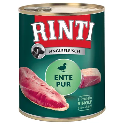 RINTI Singlefleisch ENTE PUR, 1 Protein Single, getreidefrei. Immagine di una lattina con carne di anatra visibile sull'etichetta.