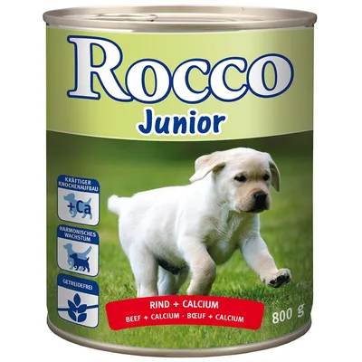 Lata de comida para cães Rocco Junior, 800 g, rótulo com imagem de cachorro, indicações: sem cereais, crescimento harmonioso, ossos fortes, sabor vaca + cálcio.