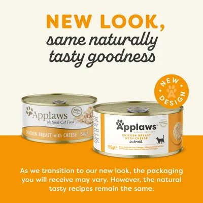 Image shows two Applaws chicken breast with cheese 156g tins, highlighting a new packaging design. Text states the look may change but the natural recipes remain the same.