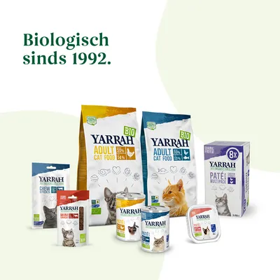 Yarrah biologisch kattenvoer assortiment: droogvoer, natvoer, snacks. Tekst: Biologisch sinds 1992.