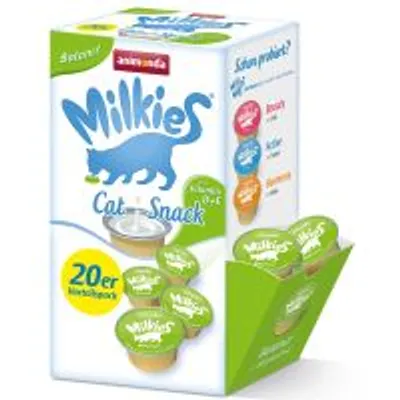 Animonda Milkies Cat Snack, 20er Mixpack. Afbeelding toont groene cups en verpakking met merknaam en producttype duidelijk zichtbaar.