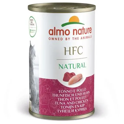 almo nature HFC Natural tonijn en kip, afbeelding van stukjes vis en kip, tekst in meerdere talen op het blik zichtbaar
