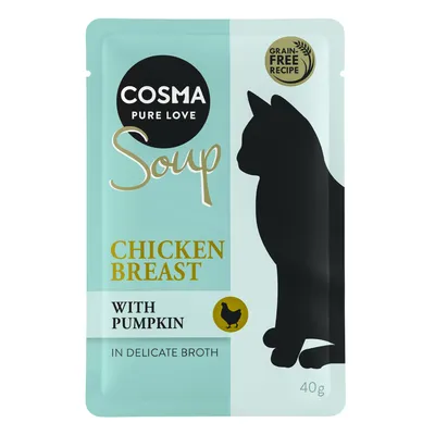 Cosma Soup, Hühnerbrust mit Kürbis in feiner Brühe, getreidefreie Rezeptur, 40g. Silhouette einer Katze und Huhn-Symbol sichtbar.