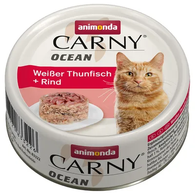 Animonda Carny Ocean hvid tun + oksekød, kattefoder på dåse med billede af rød kat og serveret produkt.