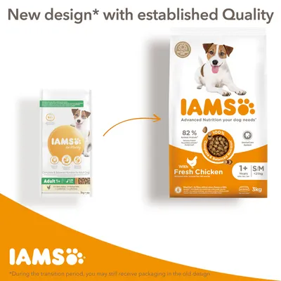Image showing change from old to new IAMS packaging for adult dog food with fresh chicken, highlighting 82% animal protein, dental care system, and complete balanced nutrition.