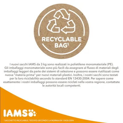 Simbolo riciclabile con testo: RECYCLABLE BAG¹. IAMS sacchi da 3 kg in polietilene monomateriale, riciclabili secondo EN 13430:2004. Info su riciclo presso autorità locali.