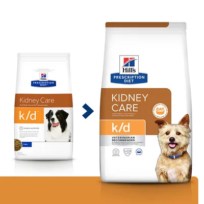 Hill's Prescription Diet Kidney Care k/d hundefoder, to poser med forskelligt design. Tekst: VETERINARIAN RECOMMENDED, ENHANCED APPETITE EAT, S+OX SHIELD.