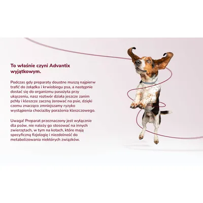 To właśnie czyni Advantix wyjątkowym. Preparat działa zanim pchły i kleszcze zaczną żerować na psie. Przeznaczony wyłącznie dla psów, nie stosować u kotów.